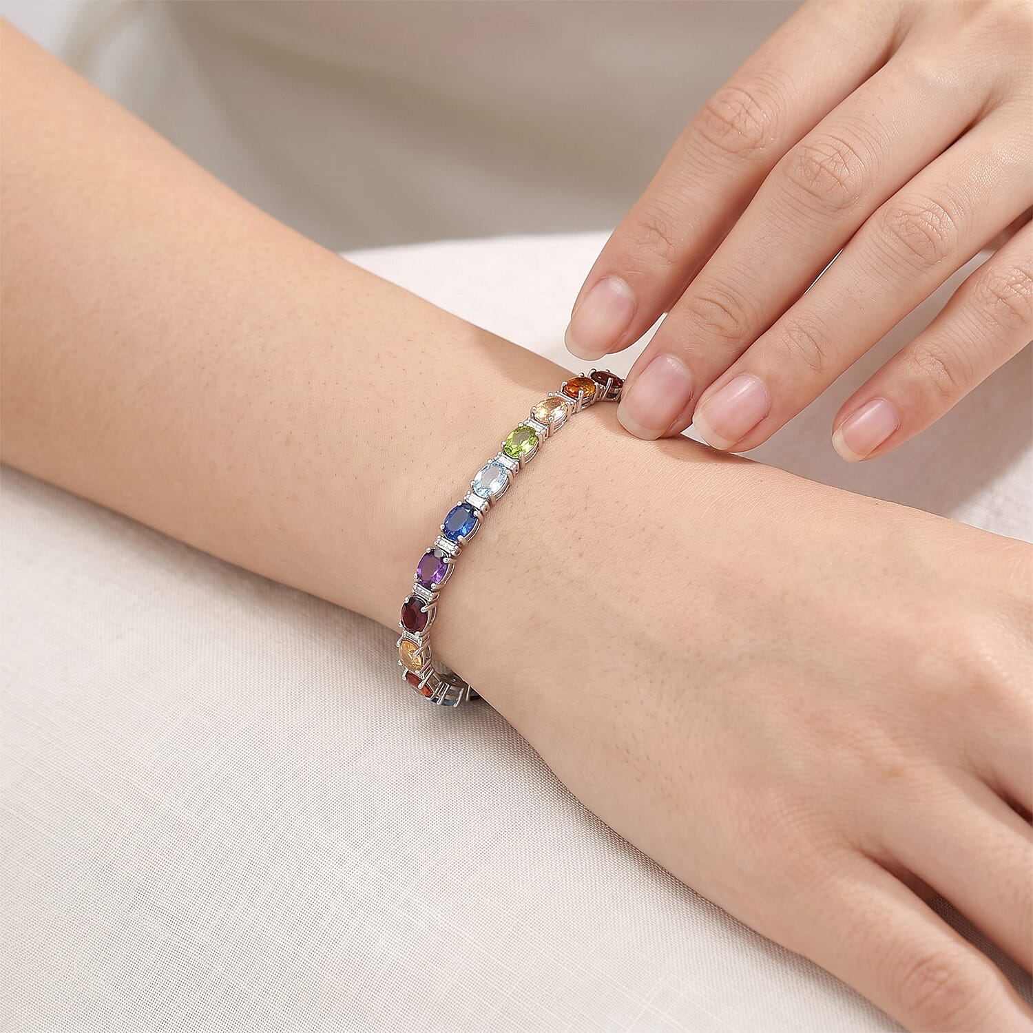 D'Joy Premium Multi Gemstone 12.00 ctw Line Bracelet in Rhodium Over Sterling Silver (7.25 In)