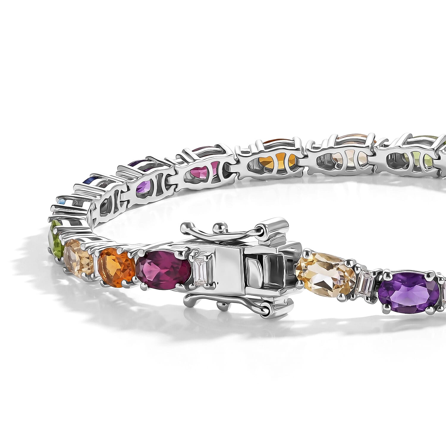 D'Joy Premium Multi Gemstone 12.00 ctw Line Bracelet in Rhodium Over Sterling Silver (7.25 In)