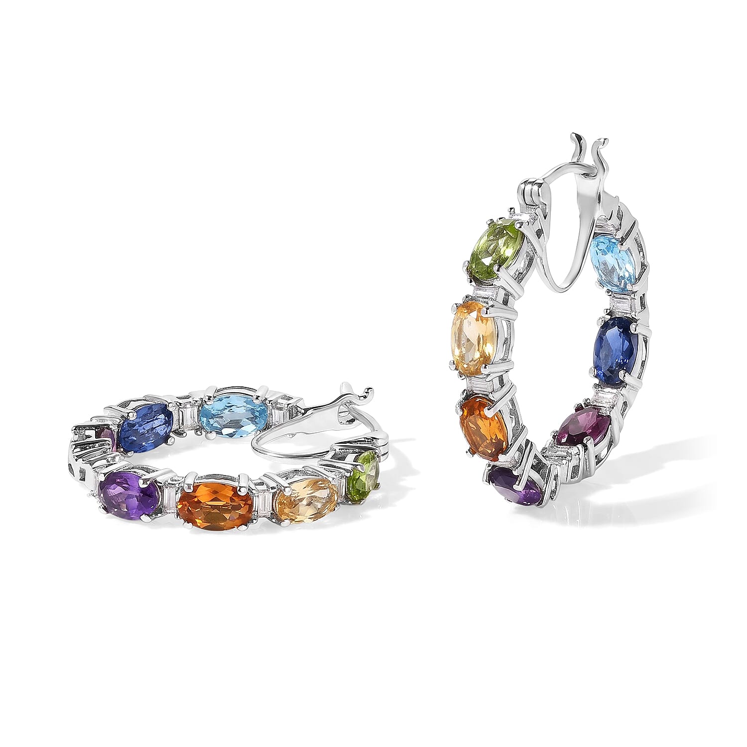 D''Joy Premium Multi Gemstone 7.60 ctw Out Hoop Earrings in Rhodium Over Sterling Silver