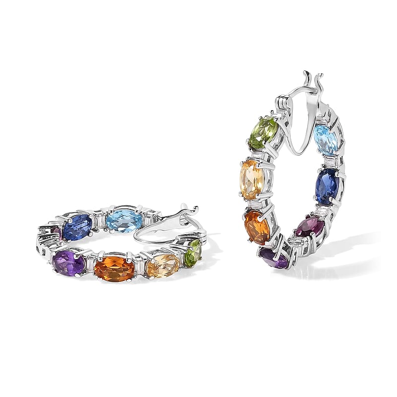 D'Joy Premium Multi Gemstone 7.60 ctw Out Hoop Earrings in Rhodium Over Sterling Silver