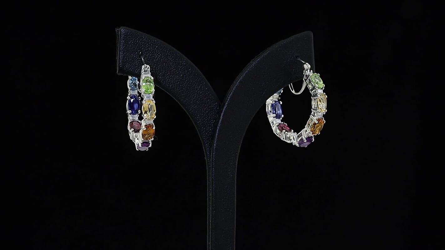 D''Joy Premium Multi Gemstone 7.60 ctw Out Hoop Earrings in Rhodium Over Sterling Silver