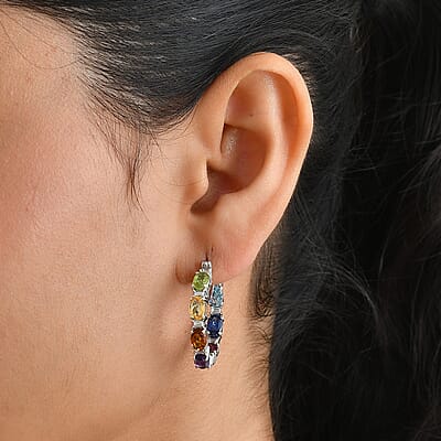 D'Joy Premium Multi Gemstone 7.60 ctw Out Hoop Earrings in Rhodium Over Sterling Silver