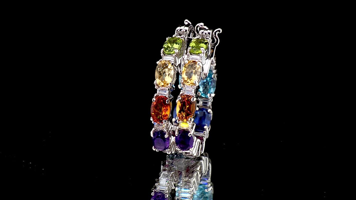 D''Joy Premium Multi Gemstone 7.60 ctw Out Hoop Earrings in Rhodium Over Sterling Silver
