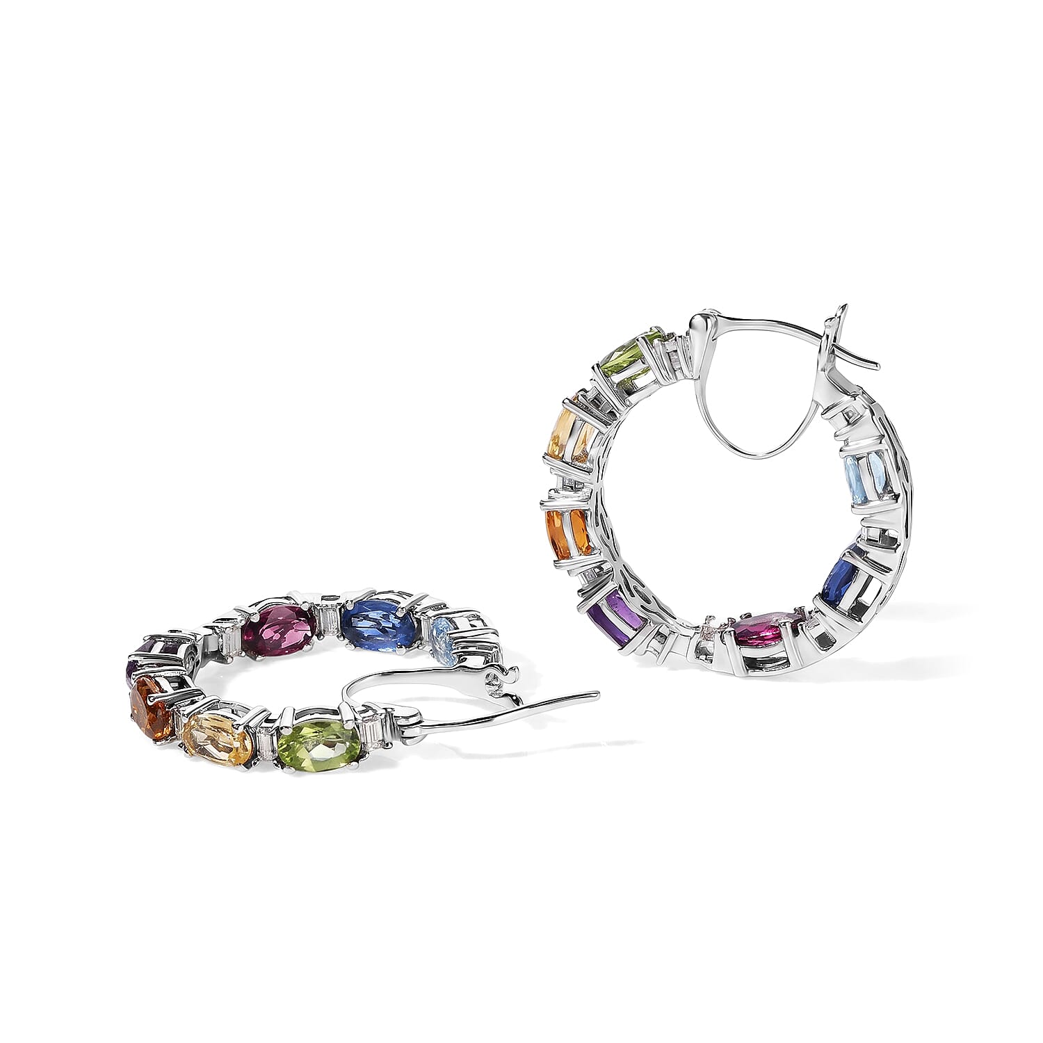 D'Joy Premium Multi Gemstone 7.60 ctw Out Hoop Earrings in Rhodium Over Sterling Silver