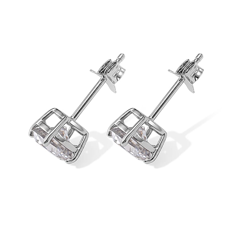 D'Joy Certified Moissanite D VS 2.00 ctw Solitaire Stud Earrings in Rhodium Over Sterling Silver