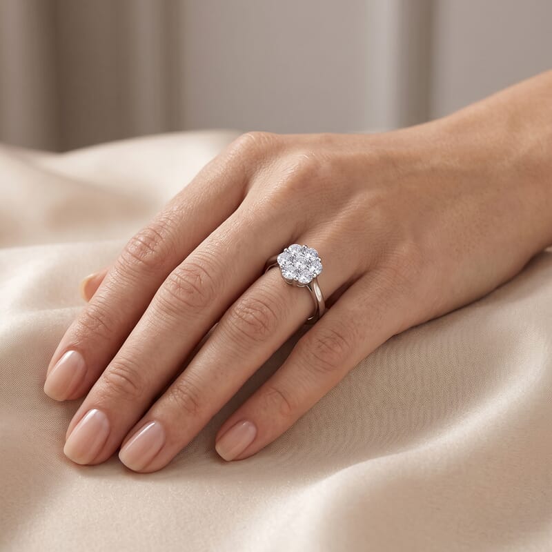 D'Joy Moissanite 1.15 ctw Floral Radiance Ring in Rhodium Over Sterling Silver (Size 5.0)