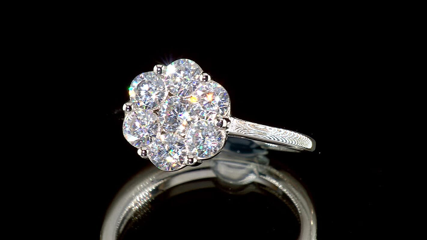D'Joy Moissanite Floral Radiance Ring in Rhodium Over Sterling Silver (Size 10.0) (Ships in 5-7 Days) 1.15 ctw