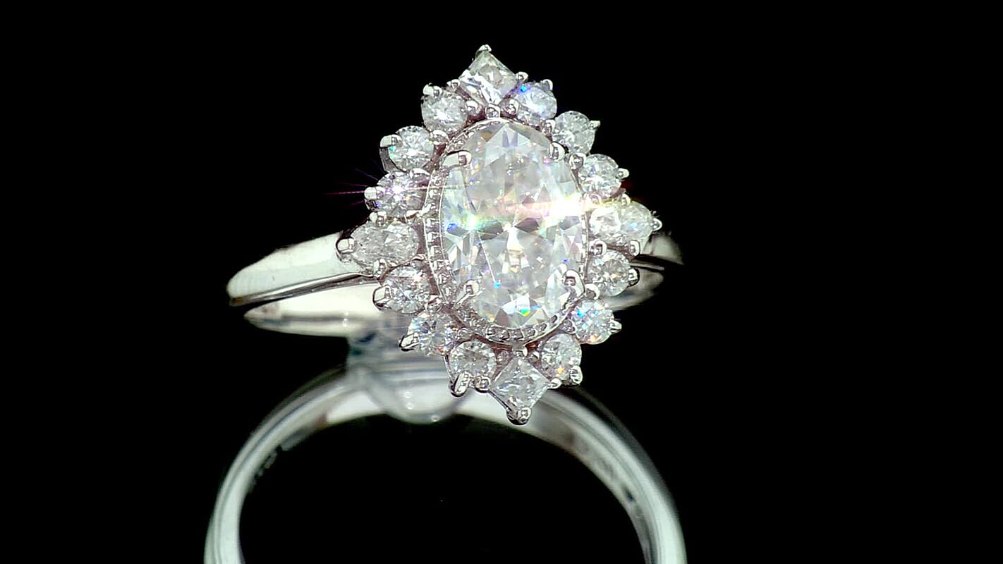 D'Joy Moissanite (Ovl 9x6mm) Sunburst Ring in Rhodium Over Sterling Silver (Size 10.0) 2.20 ctw