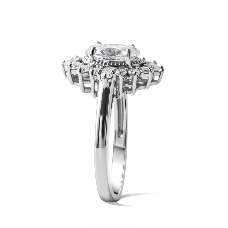 D'Joy Moissanite 2.20 ctw Sunburst Ring in Rhodium Over Sterling Silver (Size 7.0)