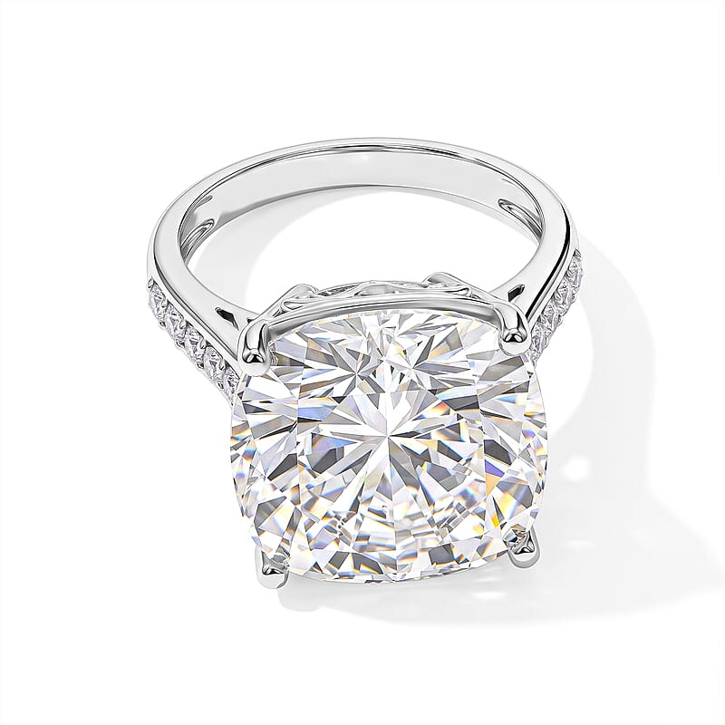 D'Joy Certified Moissanite 14.70 ctw Ring in Rhodium Over Sterling Silver (Size 8.0)