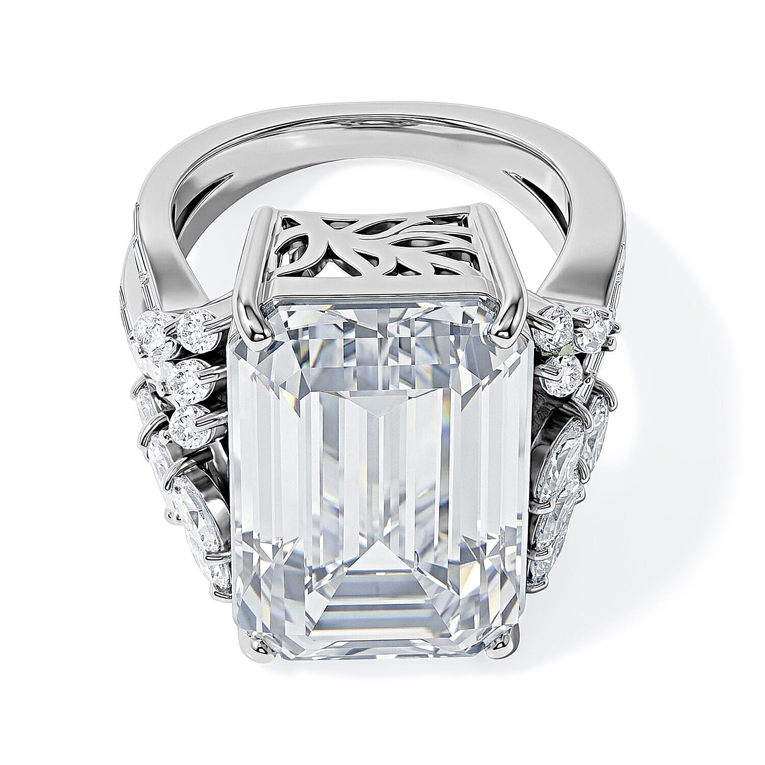 D'Joy Moissanite (Oct 20x13mm) Ring in Rhodium Over Sterling Silver (Size 5.0) 22.00 ctw