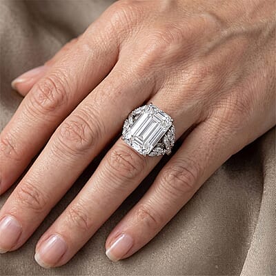 D'Joy Moissanite (Oct 20x13mm) Ring in Rhodium Over Sterling Silver (Size 5.0) 22.00 ctw