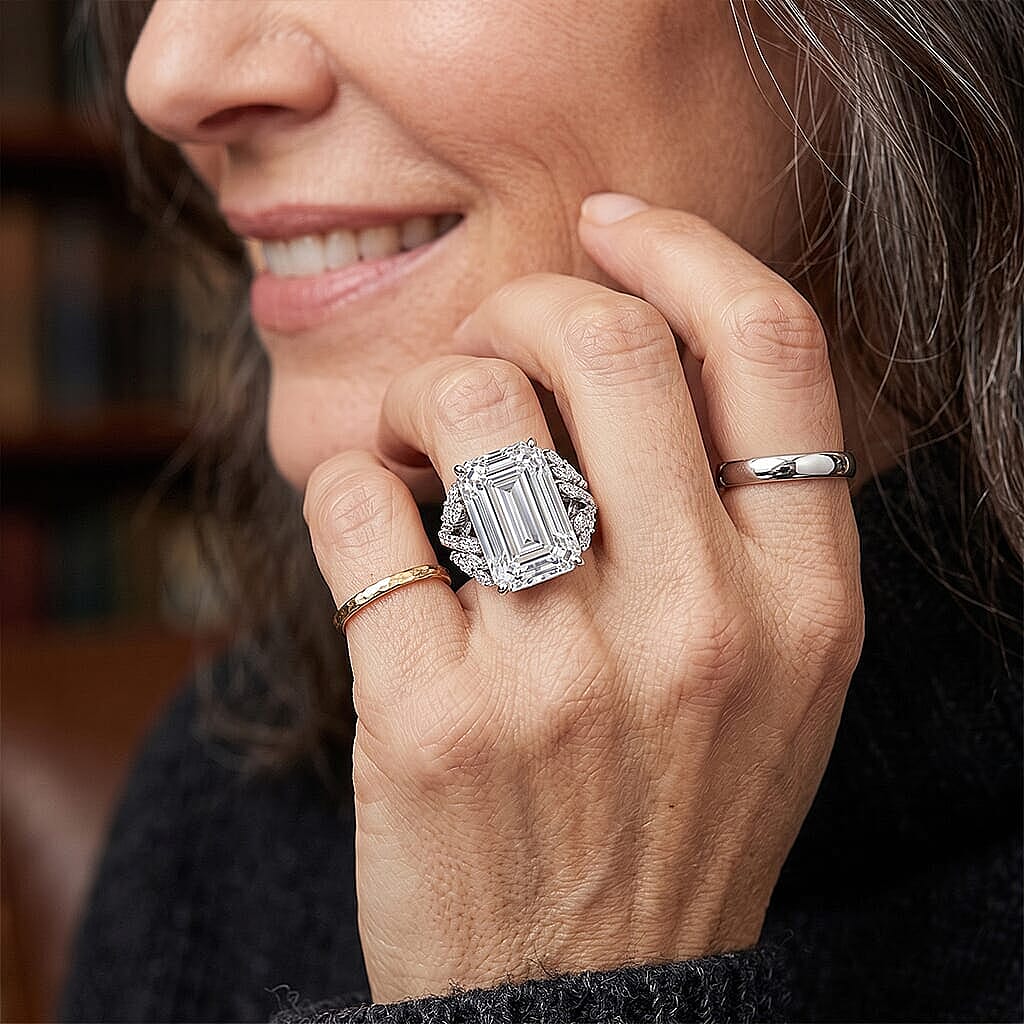 D'Joy Moissanite (Oct 20x13mm) Ring in Rhodium Over Sterling Silver (Size 5.0) 22.00 ctw