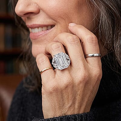 D'Joy Moissanite (Oct 20x13mm) Ring in Rhodium Over Sterling Silver (Size 5.0) 22.00 ctw