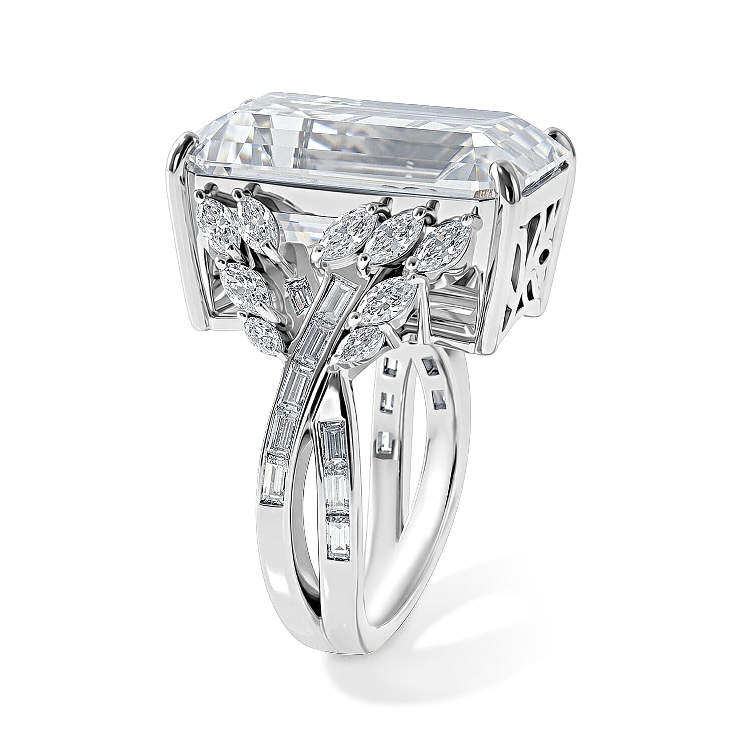 D'Joy Moissanite (Oct 20x13mm) Ring in Rhodium Over Sterling Silver (Size 5.0) 22.00 ctw