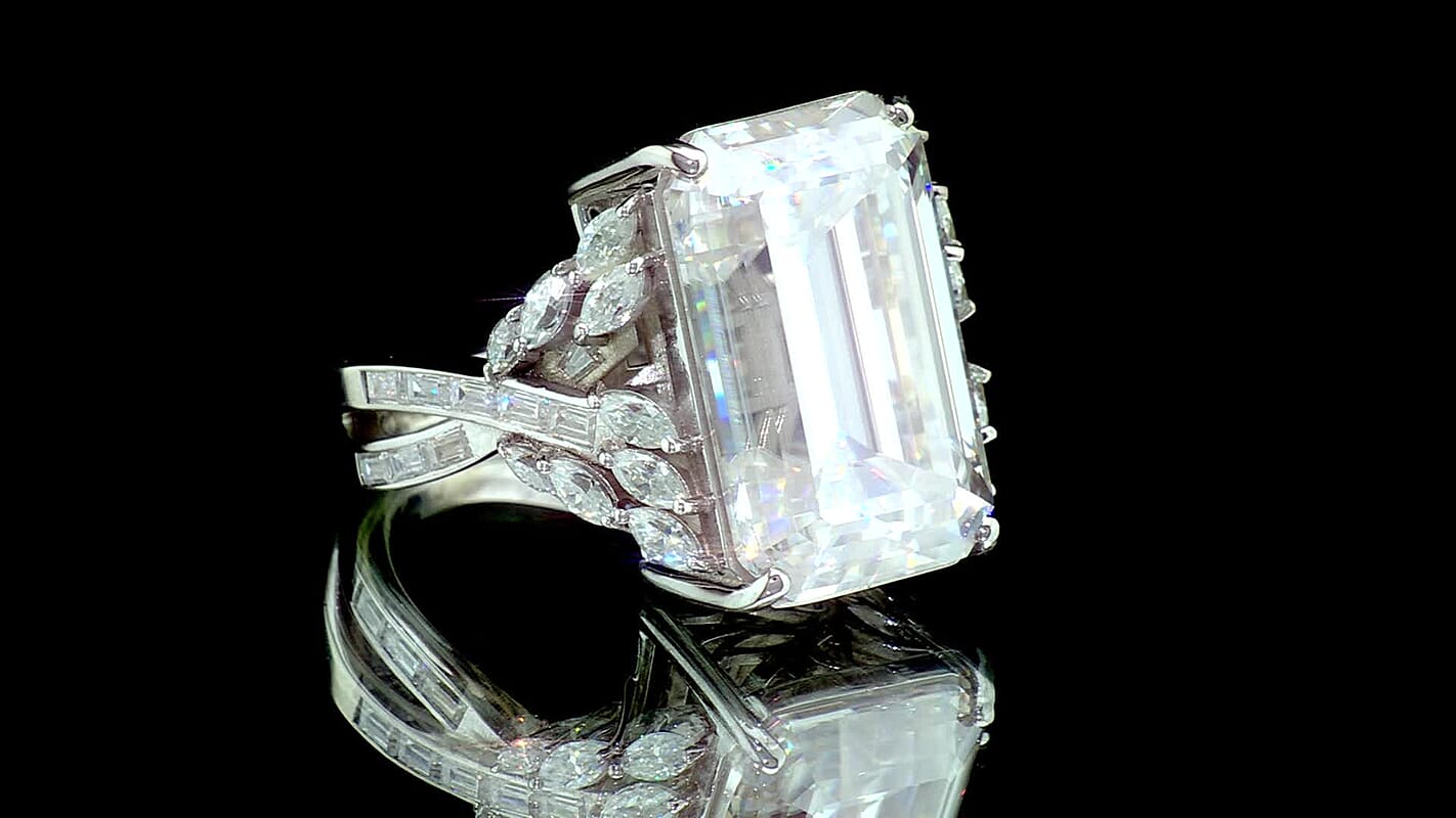 D'Joy Moissanite (Oct 20x13mm) Ring in Rhodium Over Sterling Silver (Size 10.0) 22.00 ctw
