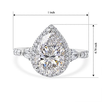 D'Joy Moissanite (Pear 15x9mm) Ring in Rhodium Over Sterling Silver (Size 5.0) 5.90 ctw
