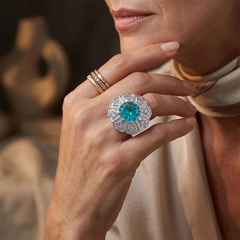 Capri Blue Quartz, Swiss Blue Topaz Ring in Platinum Over Sterling Silver (Size 10.5) 7.63 ctw