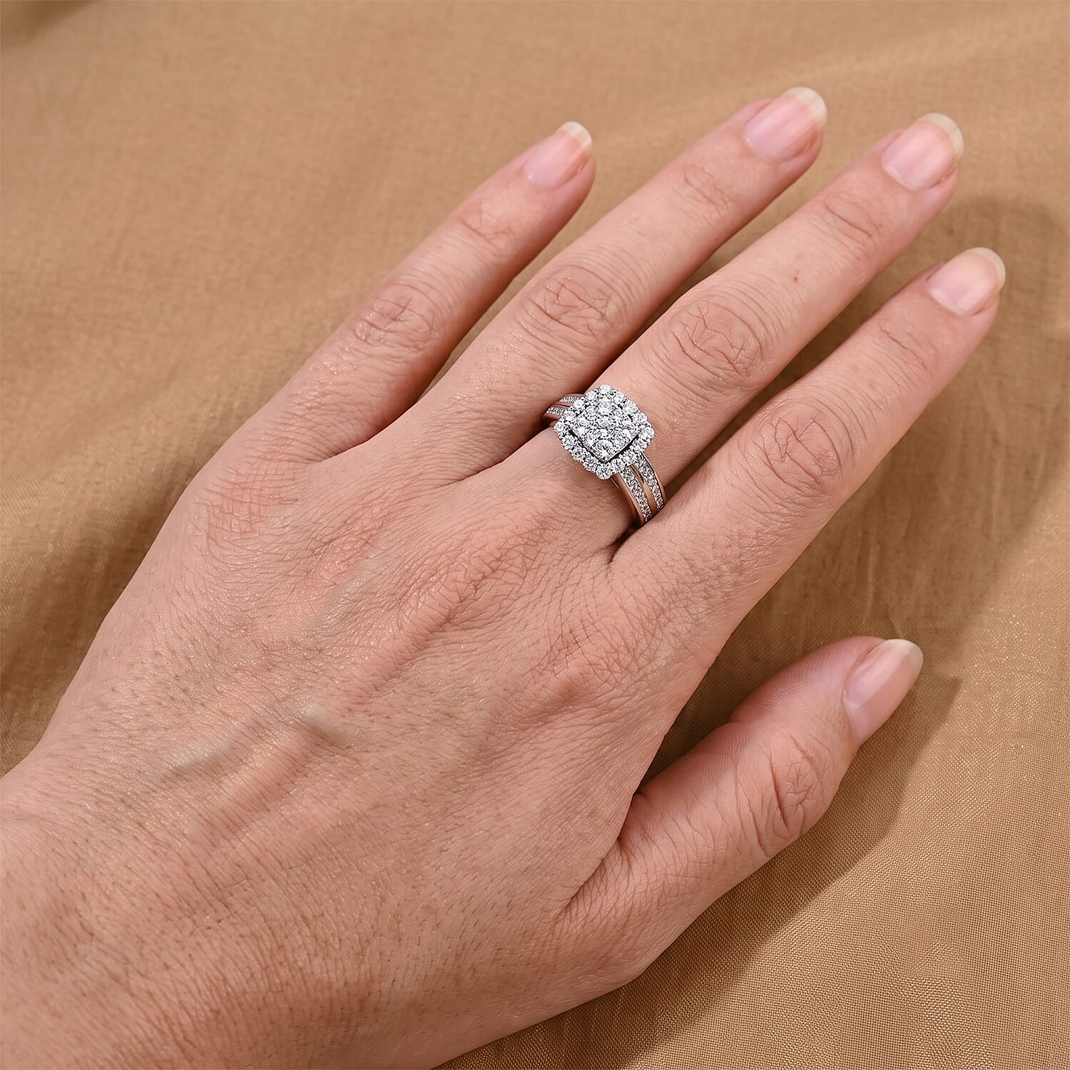 EverTrue Simulated Diamond Victorian Halo Ring in Platinum Bond (Size 6.0)
