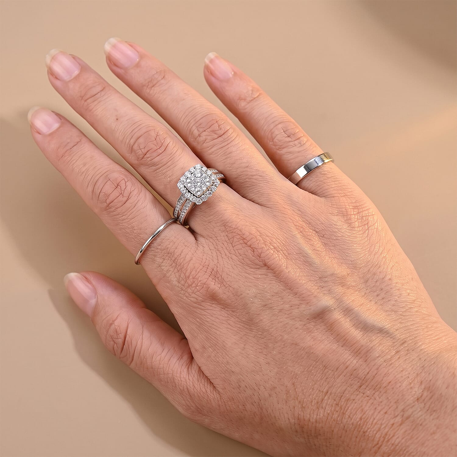 EverTrue Simulated Diamond Victorian Halo Ring in Platinum Bond (Size 6.0)