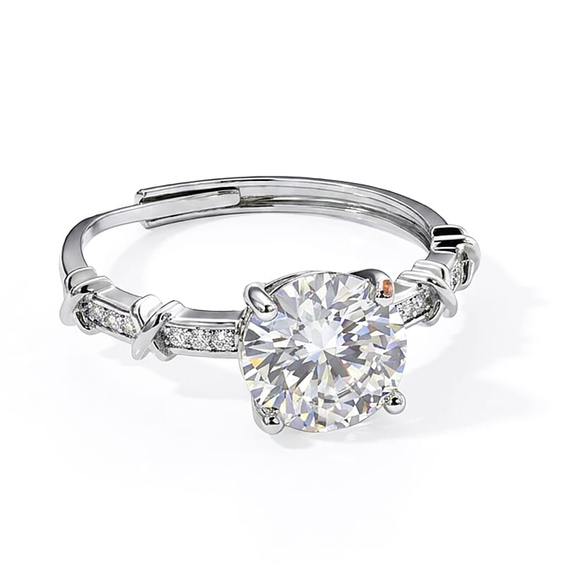 Moissanite and Simulated Diamond 2.20 ctw Ring in Silvertone (Adjustable)