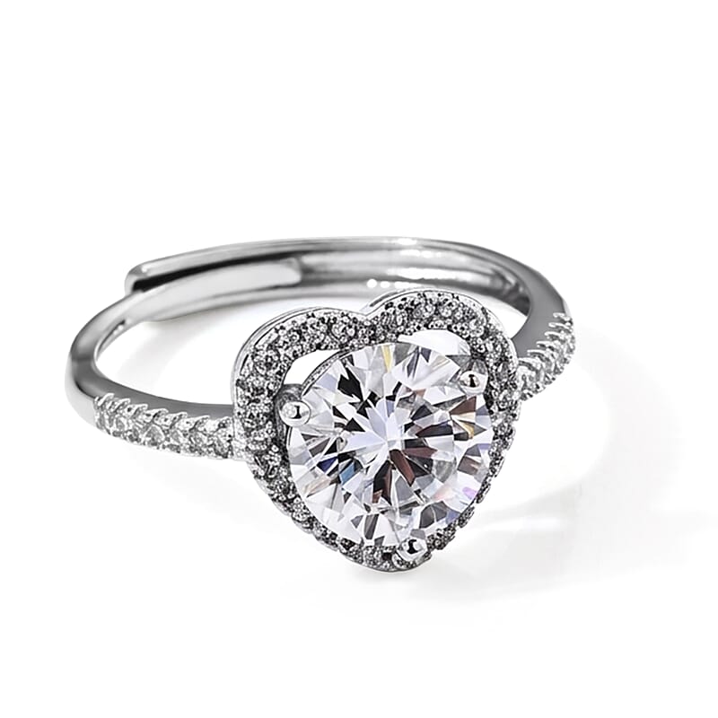 Moissanite and Simulated Diamond 2.40 ctw Ring in Silvertone (Adjustable)