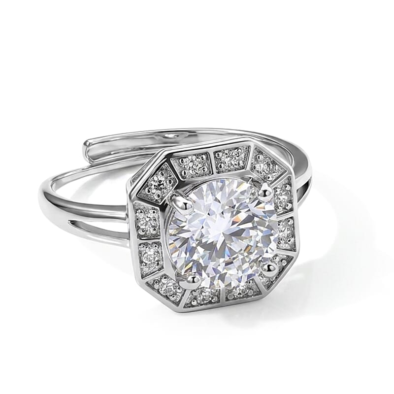 Moissanite and Simulated Diamond 2.40 ctw Ring in Silvertone (Adjustable)