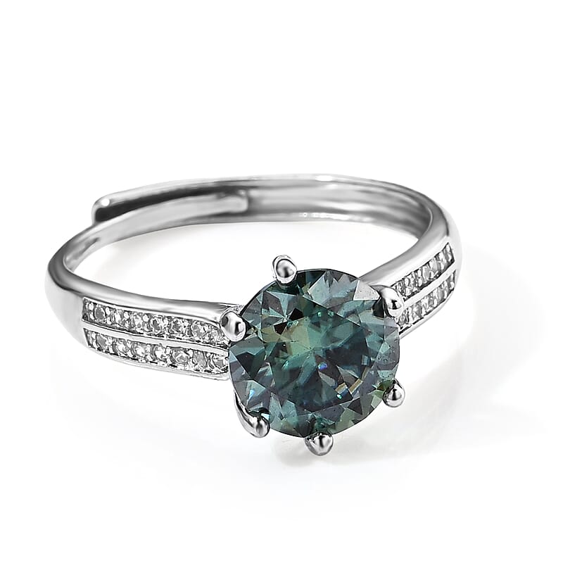 Green Moissanite and Simulated Diamond 2.40 ctw Ring in Silvertone (Adjustable)