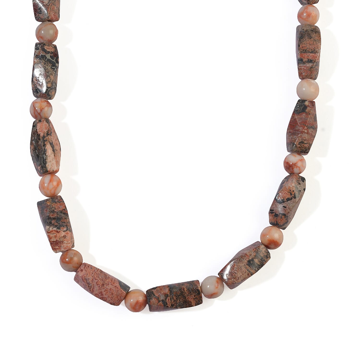 EverTrue Leopard Jasper and Pink Web Jasper 165.00 ctw Beaded Necklace (20 Inches) in Platinum Bond