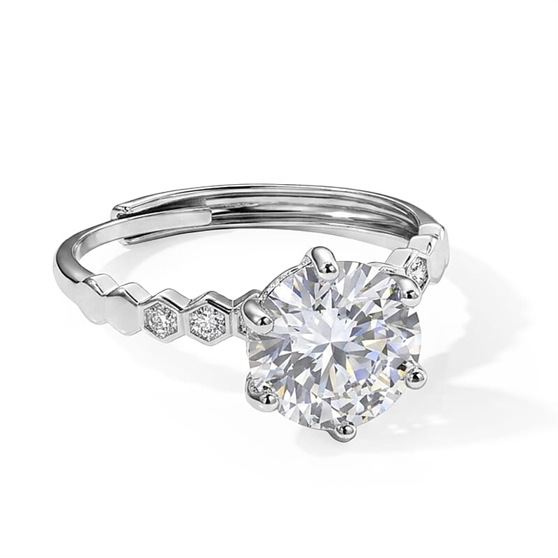 Moissanite and Simulated Diamond 3.40 ctw Ring in Silvertone (Adjustable)