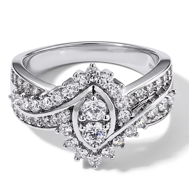 EverTrue Simulated Diamond Marquise Cluster Ring in Silvertone (Size 5.0)