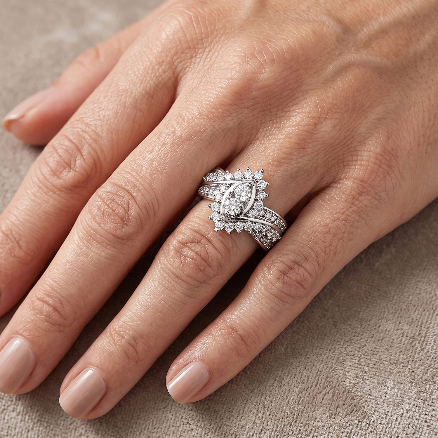 EverTrue Simulated Diamond Marquise Cluster Ring in Silvertone (Size 5.0)