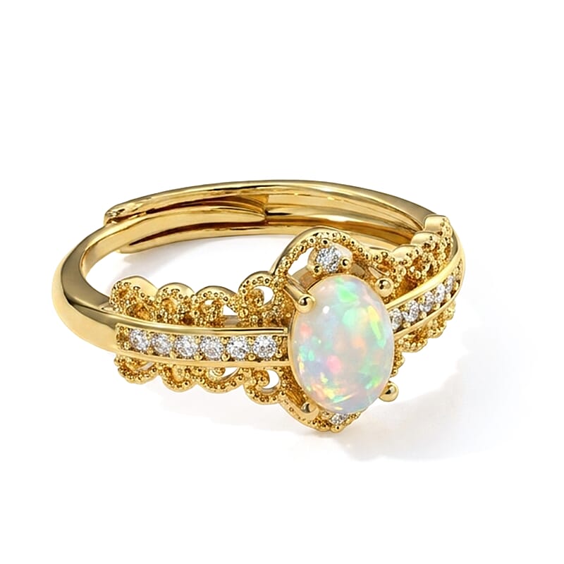 Opal and Simulated Diamond 0.60 ctw Ring in Goldtone (Adjustable)