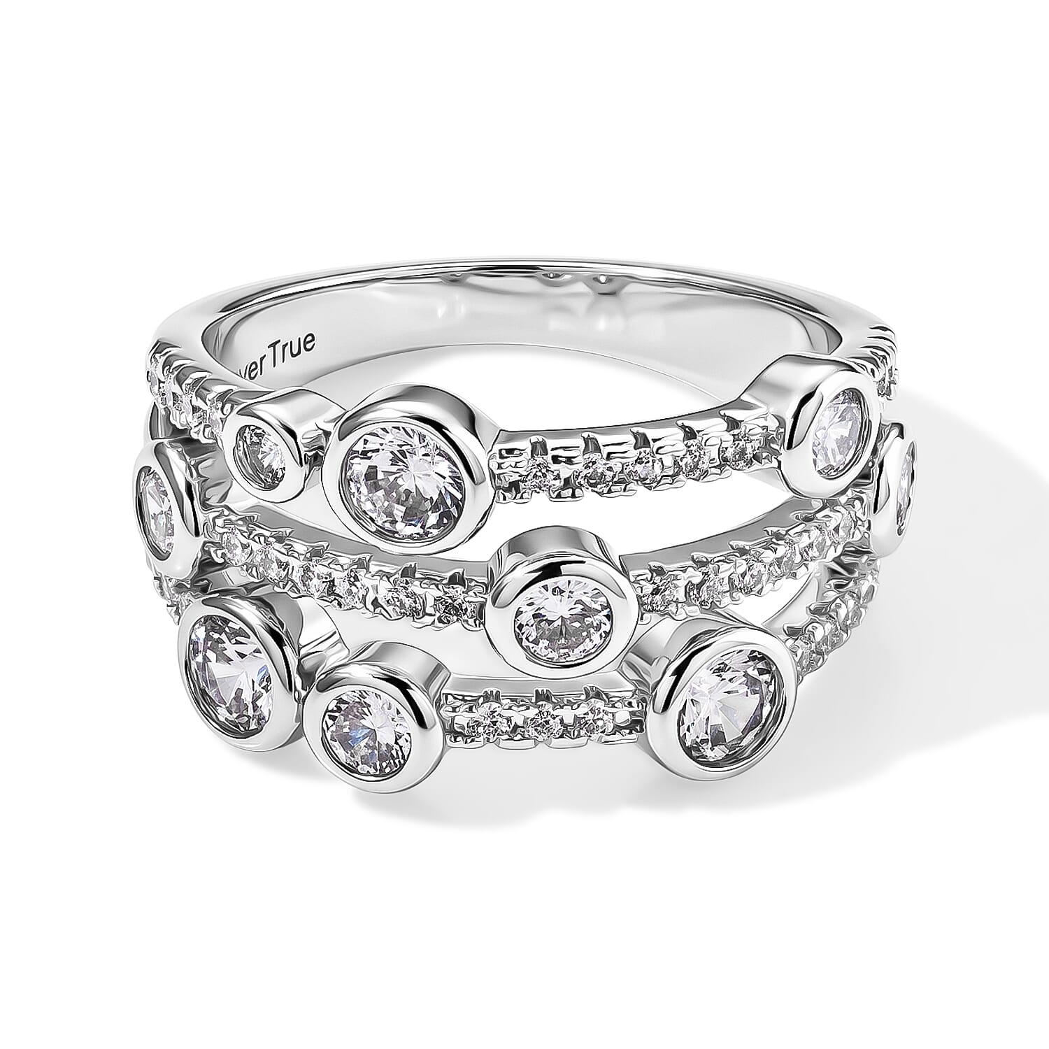 EverTrue Simulated Diamond Floating Cluster Ring in Silvertone (Size 5.0)