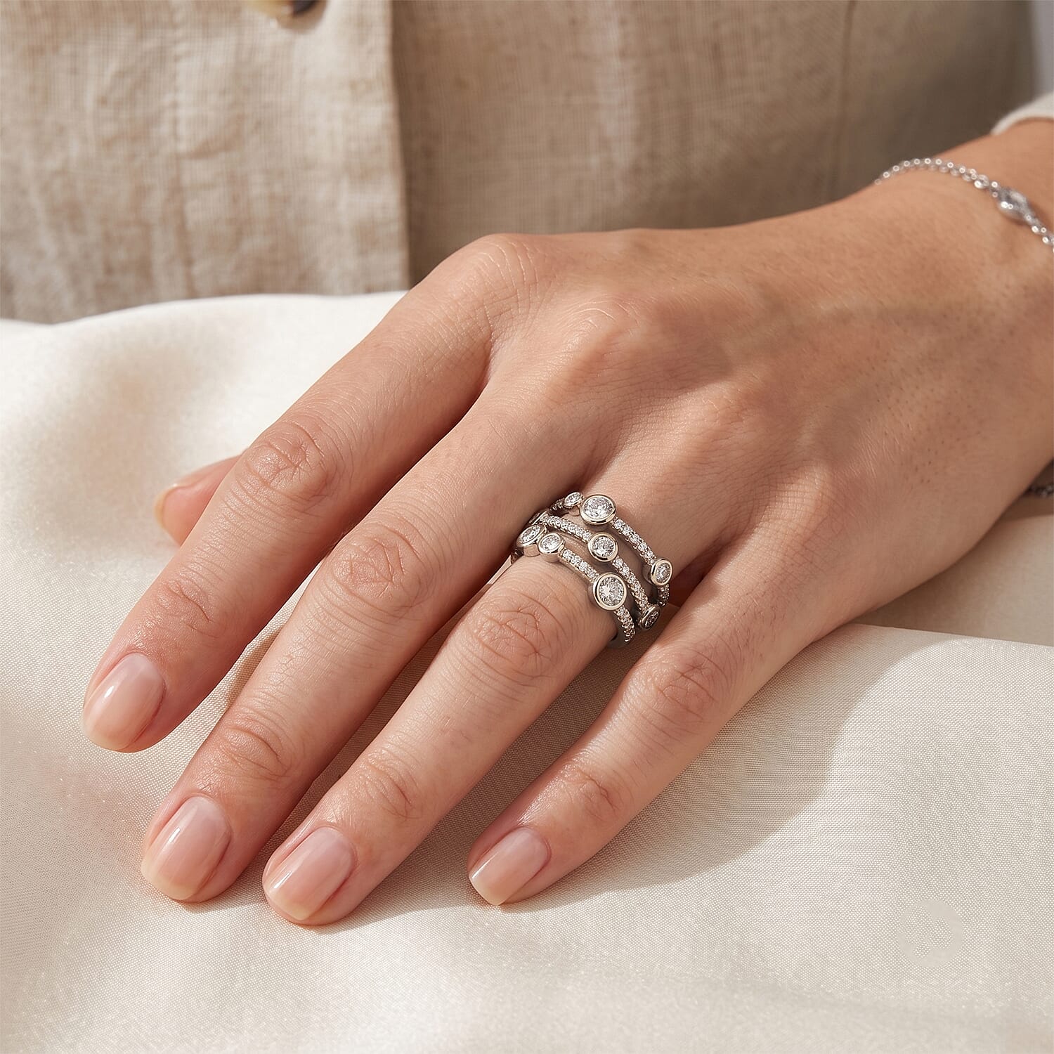 EverTrue Simulated Diamond Floating Cluster Ring in Silvertone (Size 5.0)