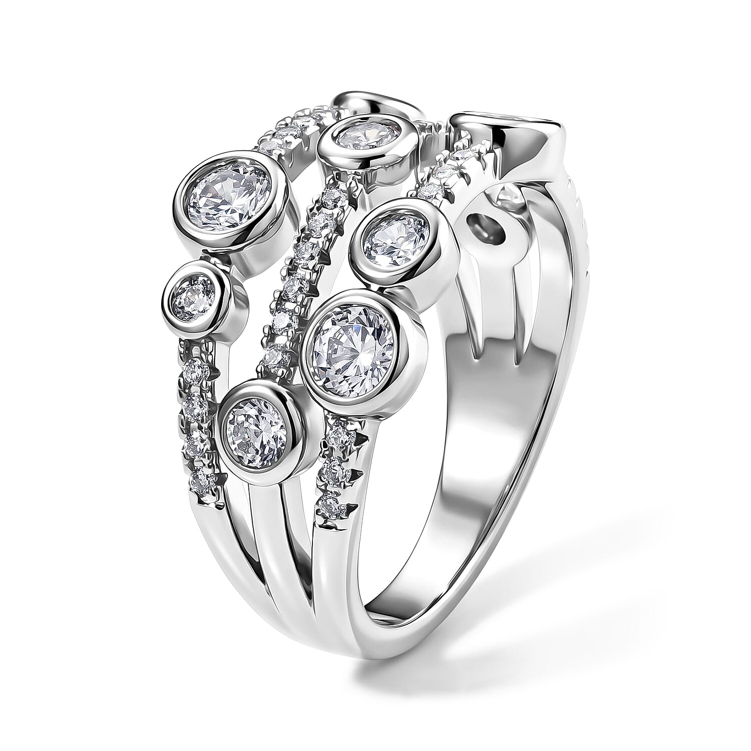 EverTrue Simulated Diamond Floating Cluster Ring in Silvertone (Size 5.0)