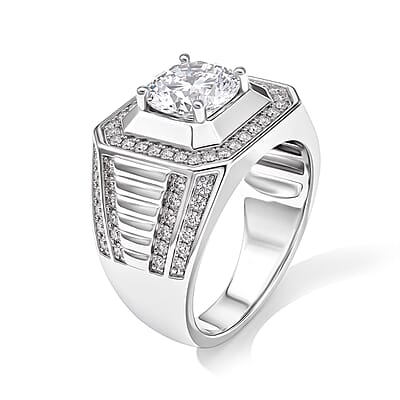EverTrue Simulated Diamond Signet Ring in Silvertone (Size 5.0)