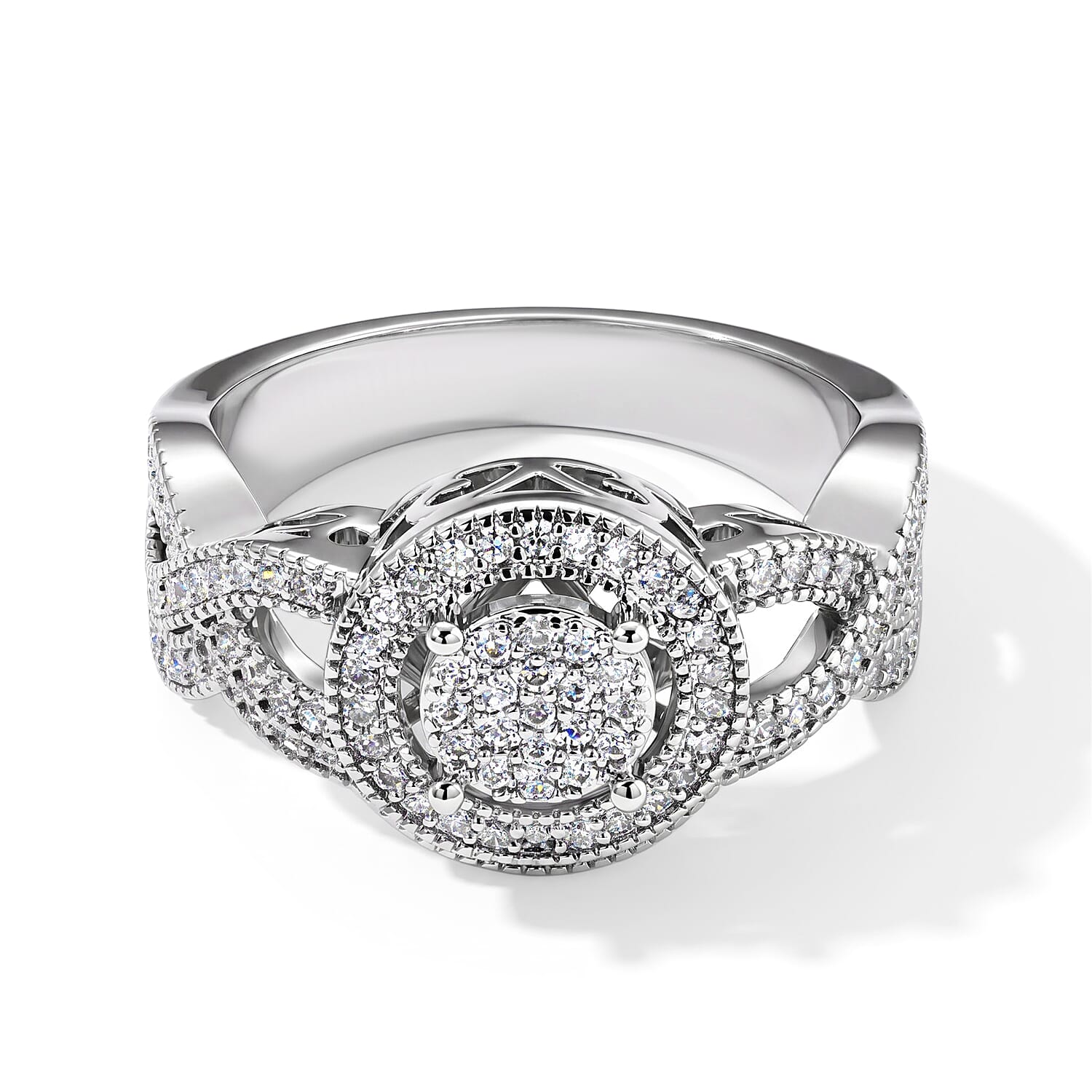 EverTrue Simulated Diamond Layered Halo Ring in Silvertone (Size 5.0)