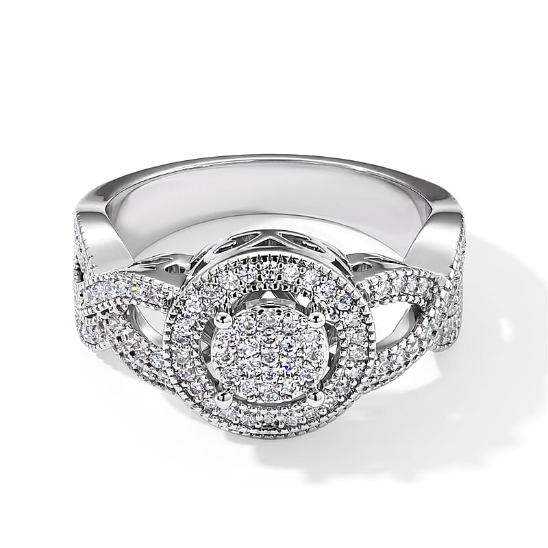 EverTrue Simulated Diamond Layered Halo Ring in Silvertone (Size 5.0)