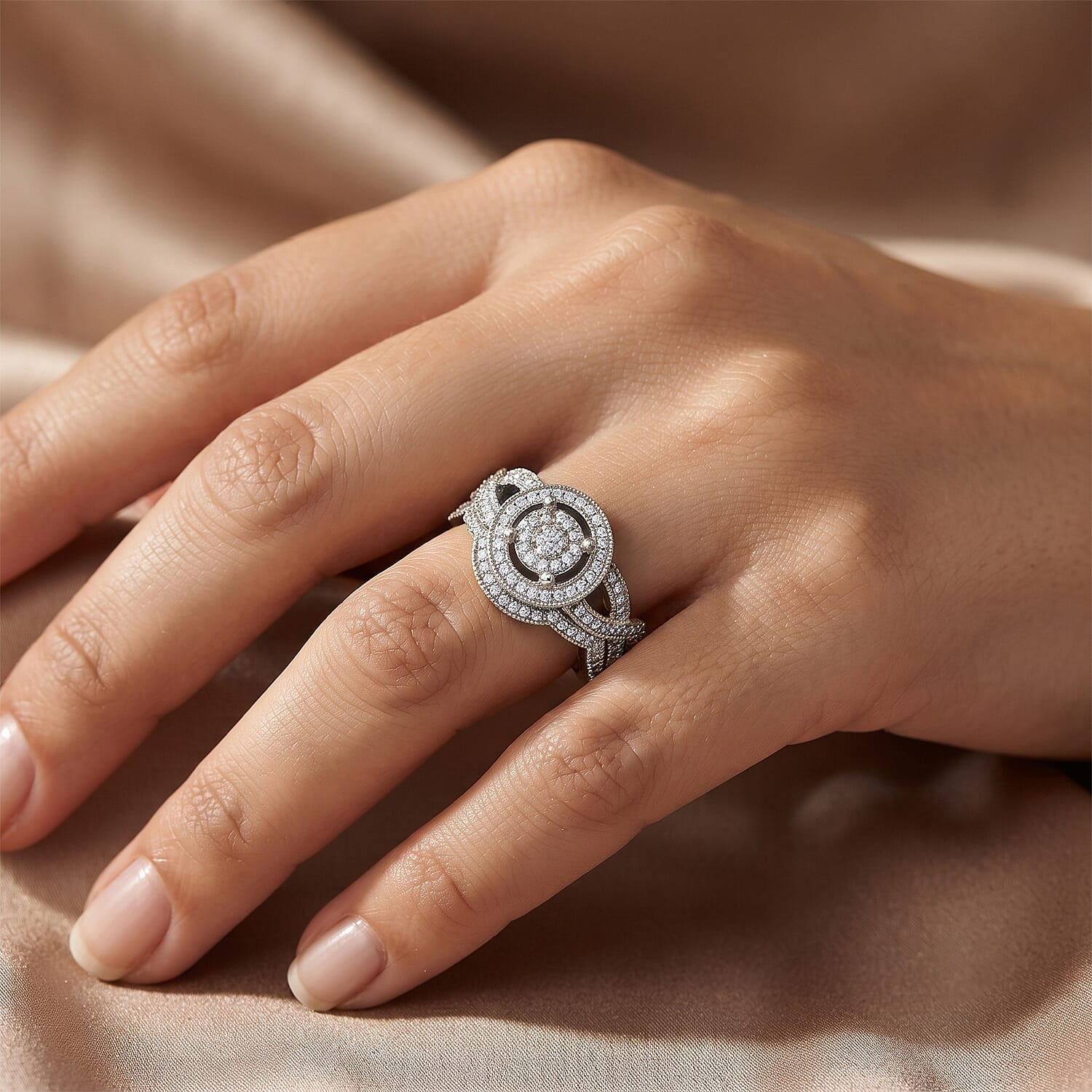 EverTrue Simulated Diamond Layered Halo Ring in Silvertone (Size 5.0)