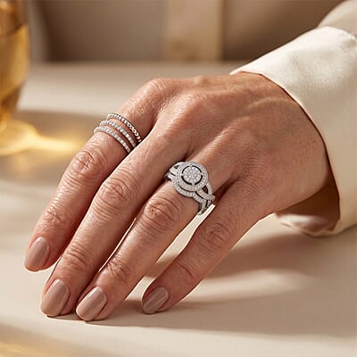 EverTrue Simulated Diamond Layered Halo Ring in Silvertone (Size 5.0)