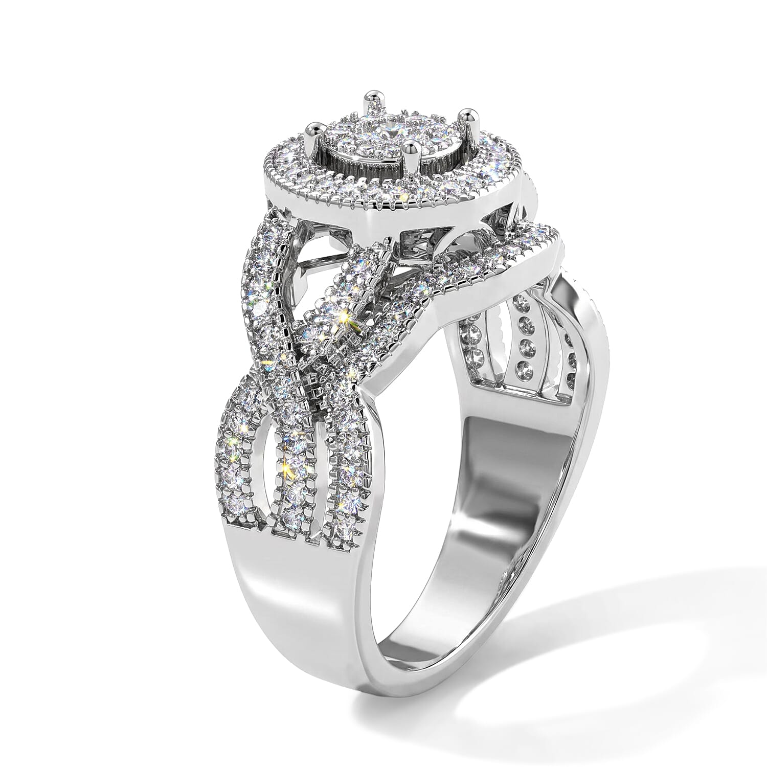 EverTrue Simulated Diamond Layered Halo Ring in Silvertone (Size 5.0)