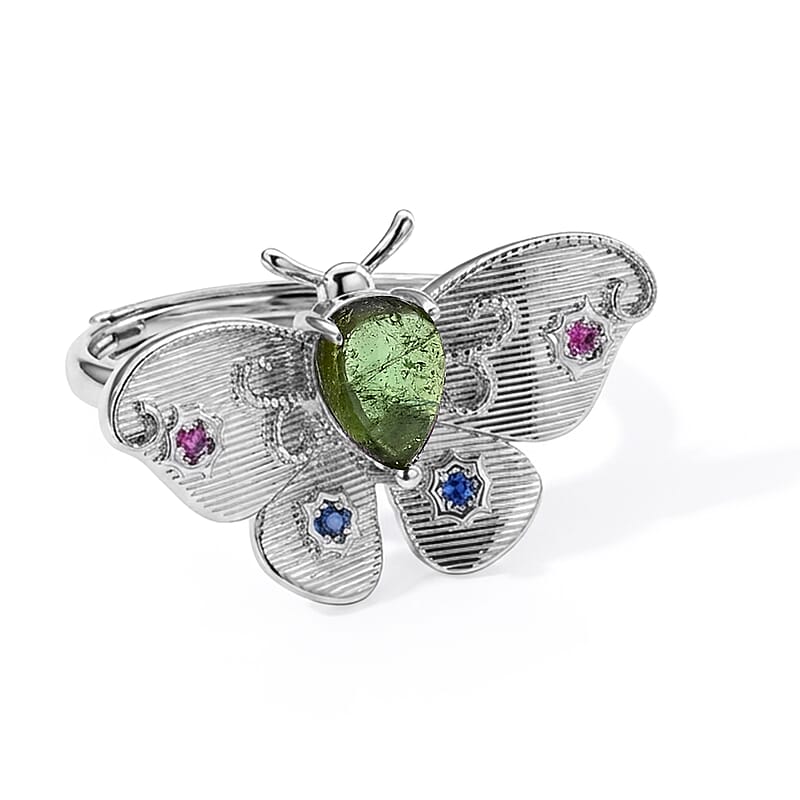Green Tourmaline and Simulated Diamond 0.54 ctw Ring in Silvertone (Adjustable)