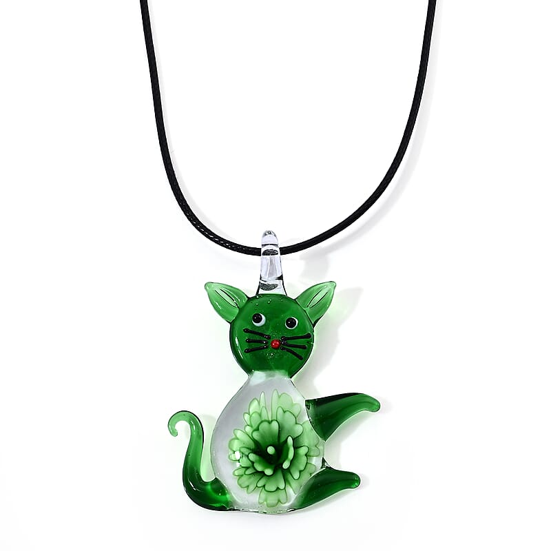 Green Color Murano Style Cat Pendant with Cotton Cord Necklace in Silvertone (22-24 Inches)