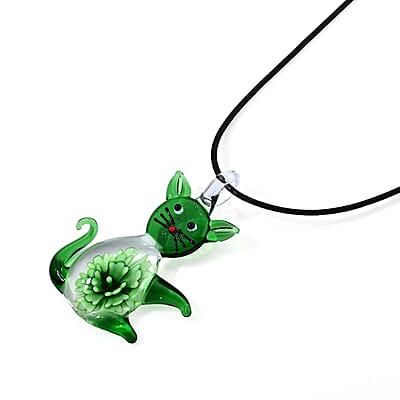 Green Color Murano Style Cat Pendant with Cotton Cord Necklace in Silvertone (22-24 Inches)