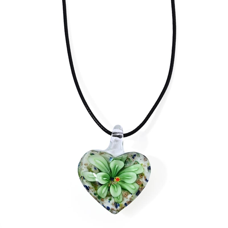 Green Color Murano Style Heart Pendant with Cotton Cord Necklace in Silvertone (22-24 Inches)