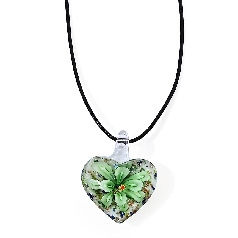 Green Color Murano Style Heart Pendant with Cotton Cord Necklace in Silvertone (22-24 Inches)