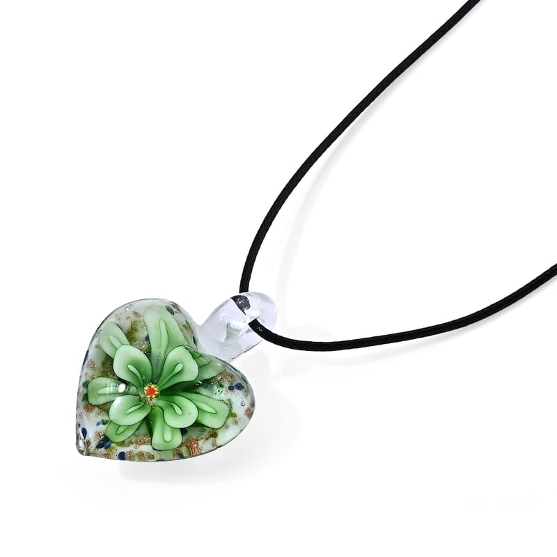 Green Color Murano Style Heart Pendant with Cotton Cord Necklace in Silvertone (22-24 Inches)