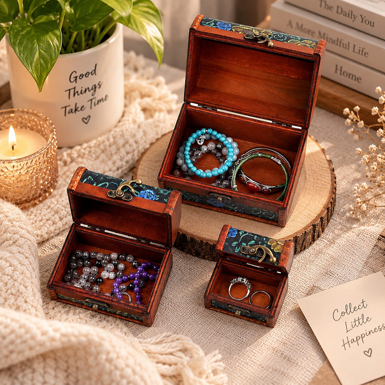 Livmore Green Flower Embossed Set of 3 Treasure Box
