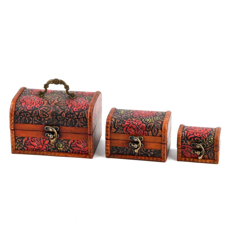 Livmore Red and Yellow Flower Embossed Set of 3 Treasure Box